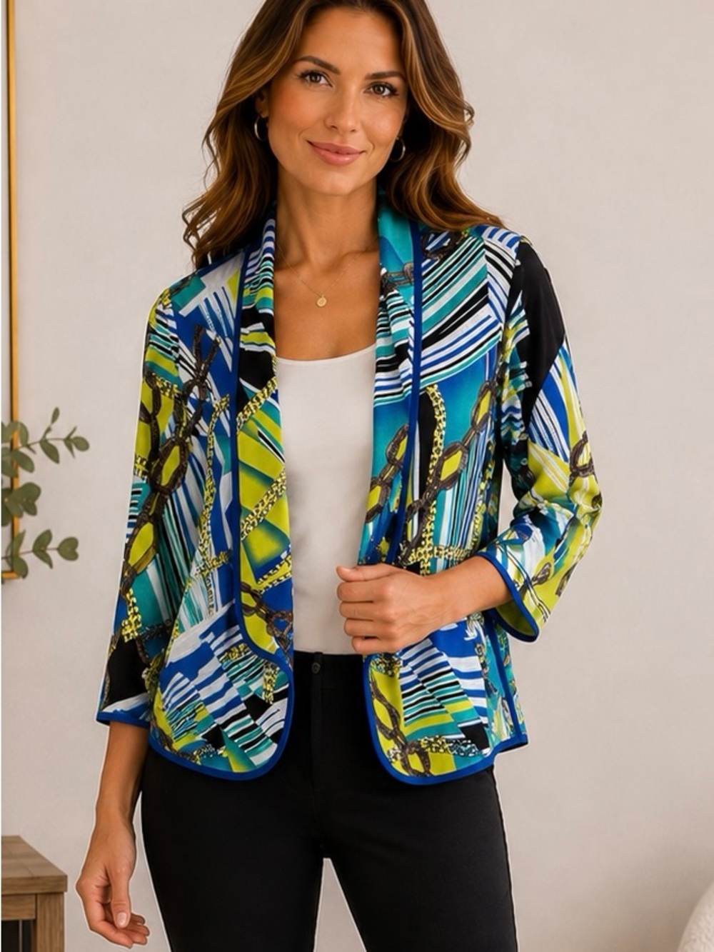 Frank Lyman Womens 6 Jacket Cardigan Chain Rope Nautical Stretch Bold Artsy